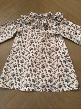 Sun House Children’s Ruffle Neck Dress - Cream with Blue & Brown Floral Print